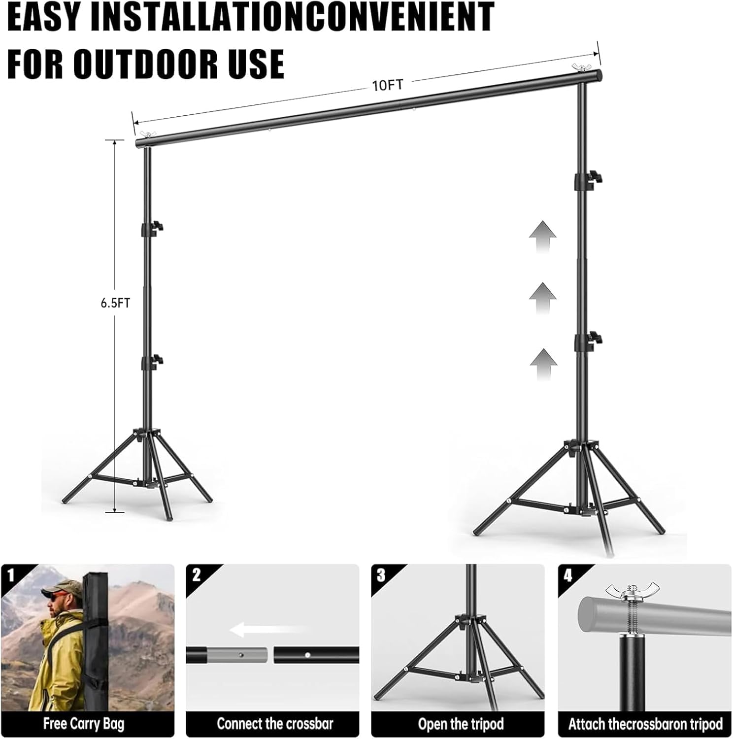 Photography Stand Backdrop Stand 6.5 x 10FT, Adjustable Photography Backdrop Support System Kit with 4 Clamps and Carrying Bag for Parties, Wedding,