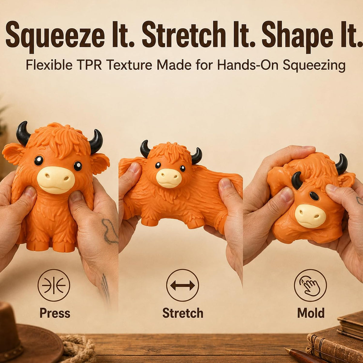 Jumbo Highland Cow Squishy, 6in Giant Cow Stress Ball for Adults，Orange