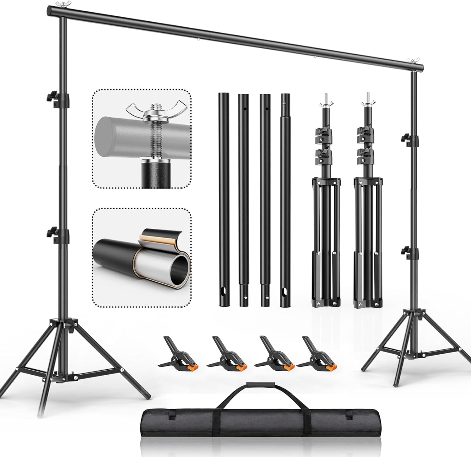 Photography Stand Backdrop Stand 6.5 x 10FT, Adjustable Photography Backdrop Support System Kit with 4 Clamps and Carrying Bag for Parties, Wedding,