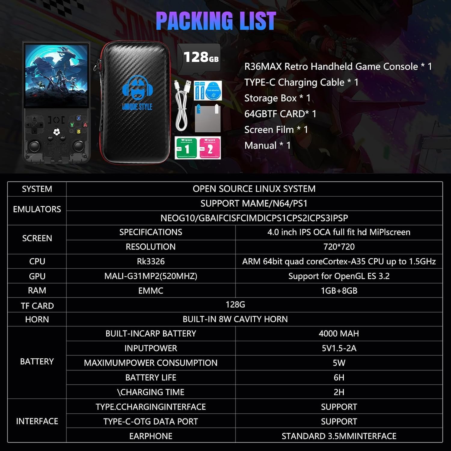 2025 New Upgrade R36MAX Retro Handheld Game Console with 128GB Built-in 22000 Classic Games, Portable Hand Held Open Source Linux System 4.0-in 4k HD IPS Screen Video Player -Black 128GB