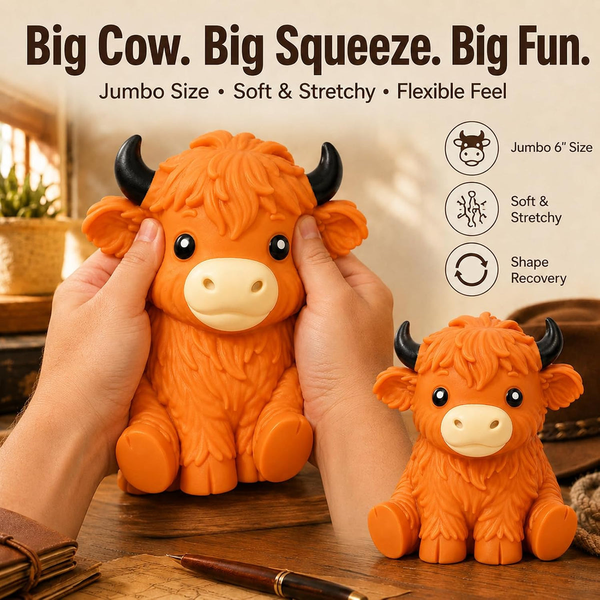 Jumbo Highland Cow Squishy, 6in Giant Cow Stress Ball for Adults，Orange