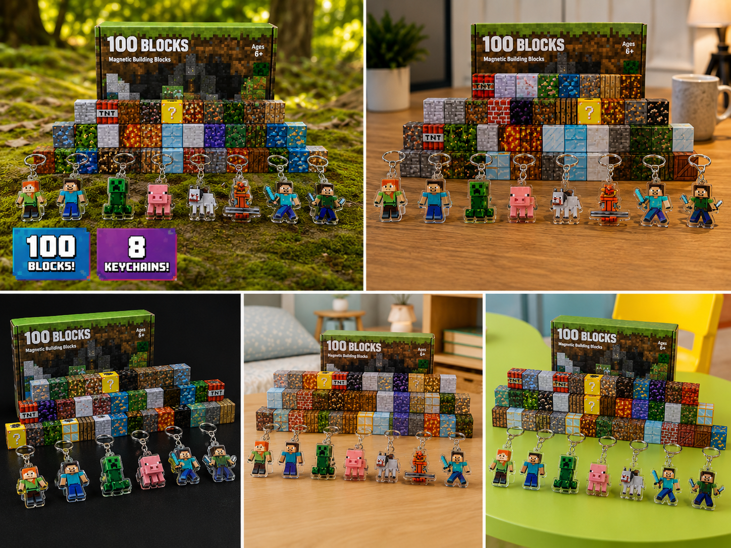 Minecraft style random 100PCS Magnetic Blocks Magnetic Tiles Build Set with 8 keyrings
