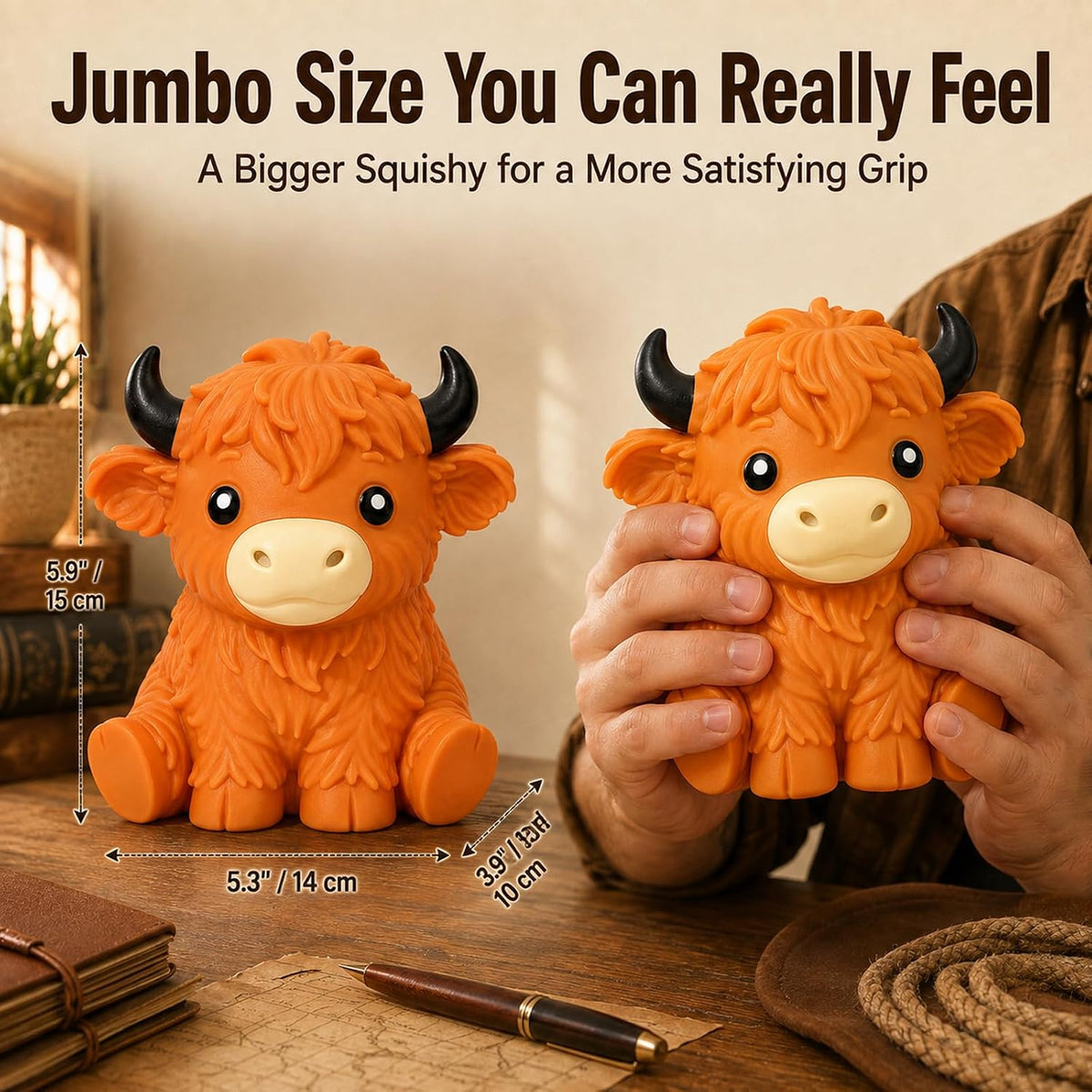 Jumbo Highland Cow Squishy, 6in Giant Cow Stress Ball for Adults，Orange