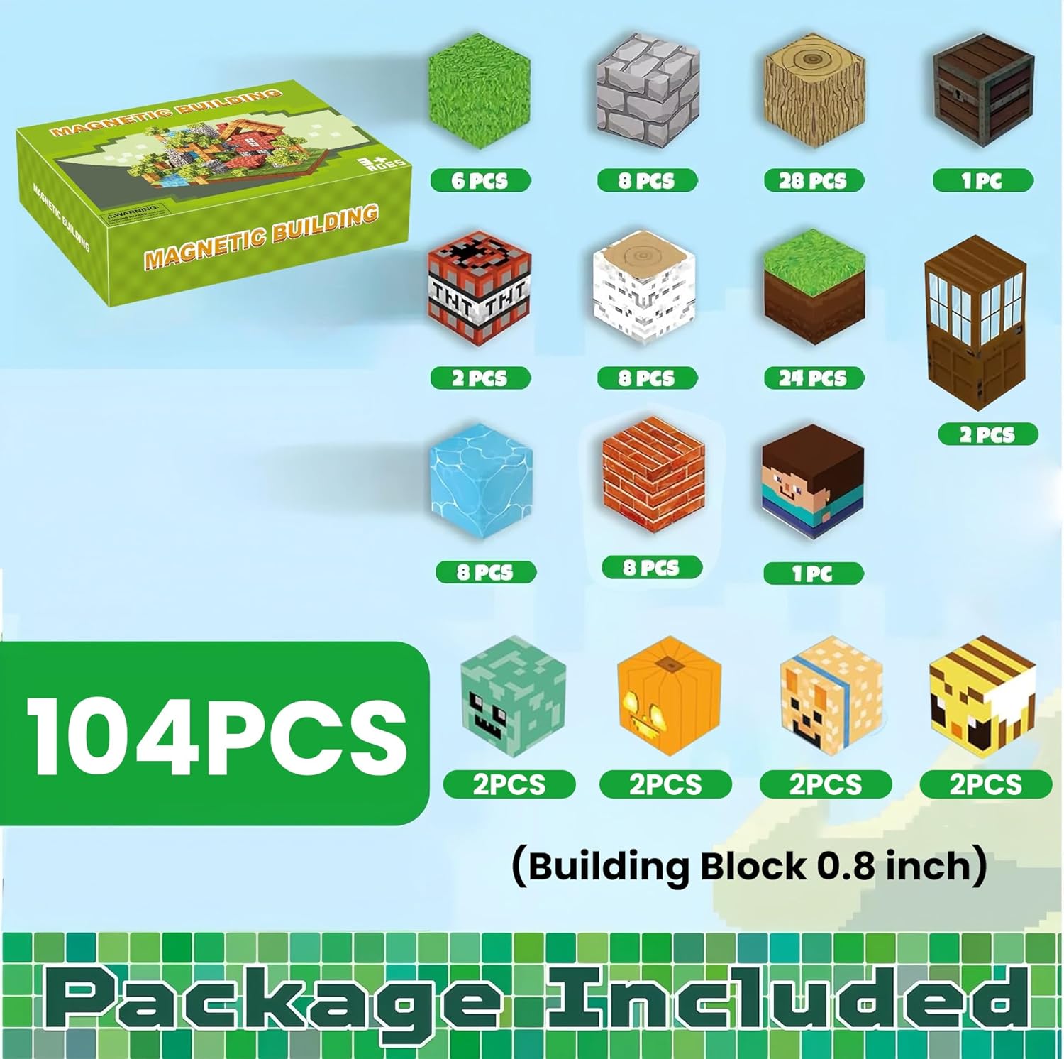 Minecraft style 104PCS Magnetic Blocks Forest Themed Magnetic Tiles Build Mine Forest Farm Set