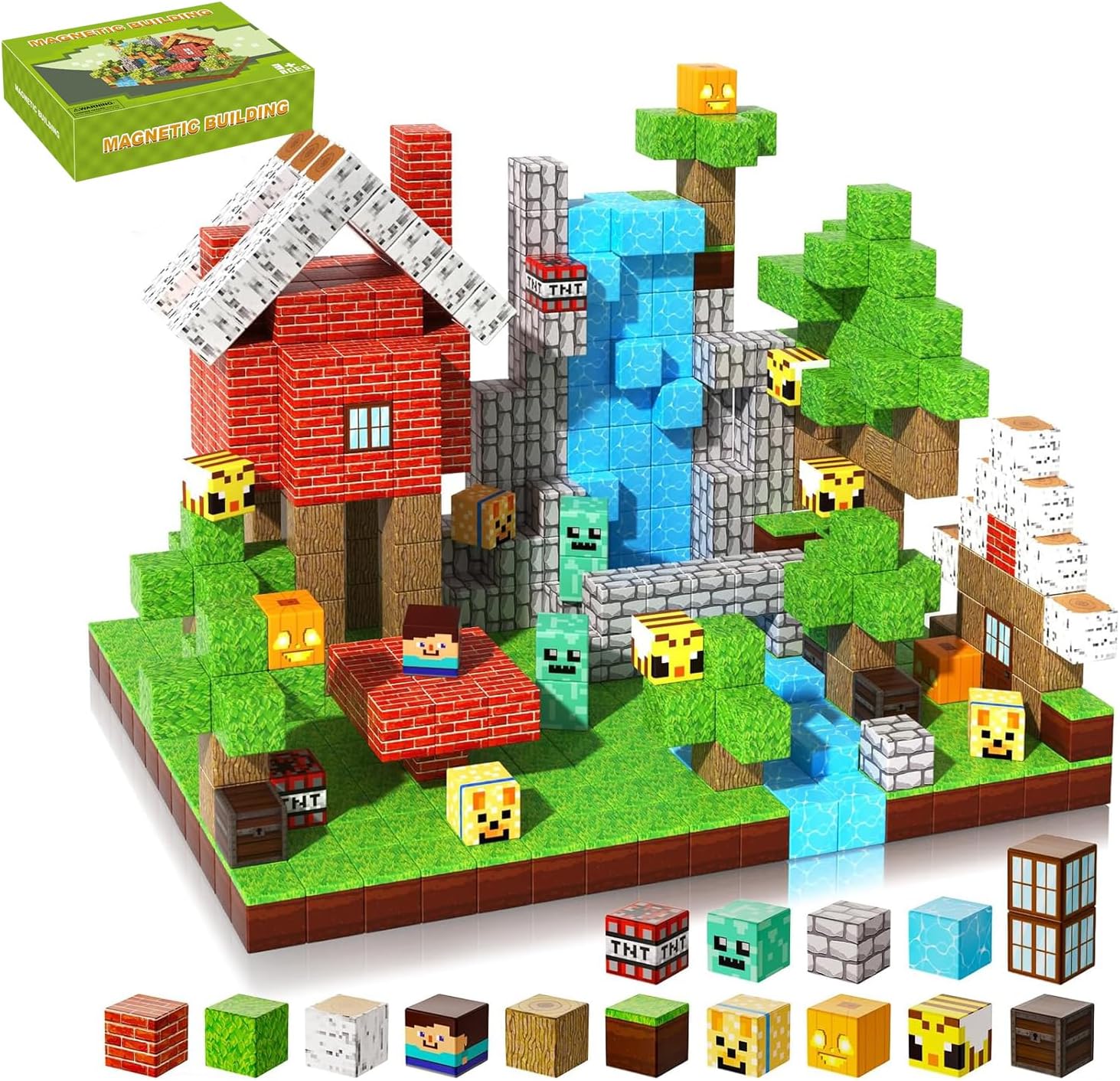 Minecraft style 104PCS Magnetic Blocks Forest Themed Magnetic Tiles Build Mine Forest Farm Set