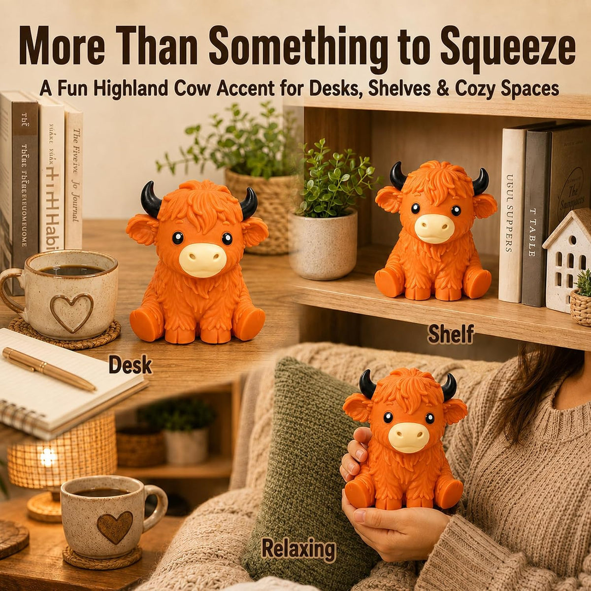 Jumbo Highland Cow Squishy, 6in Giant Cow Stress Ball for Adults，Orange
