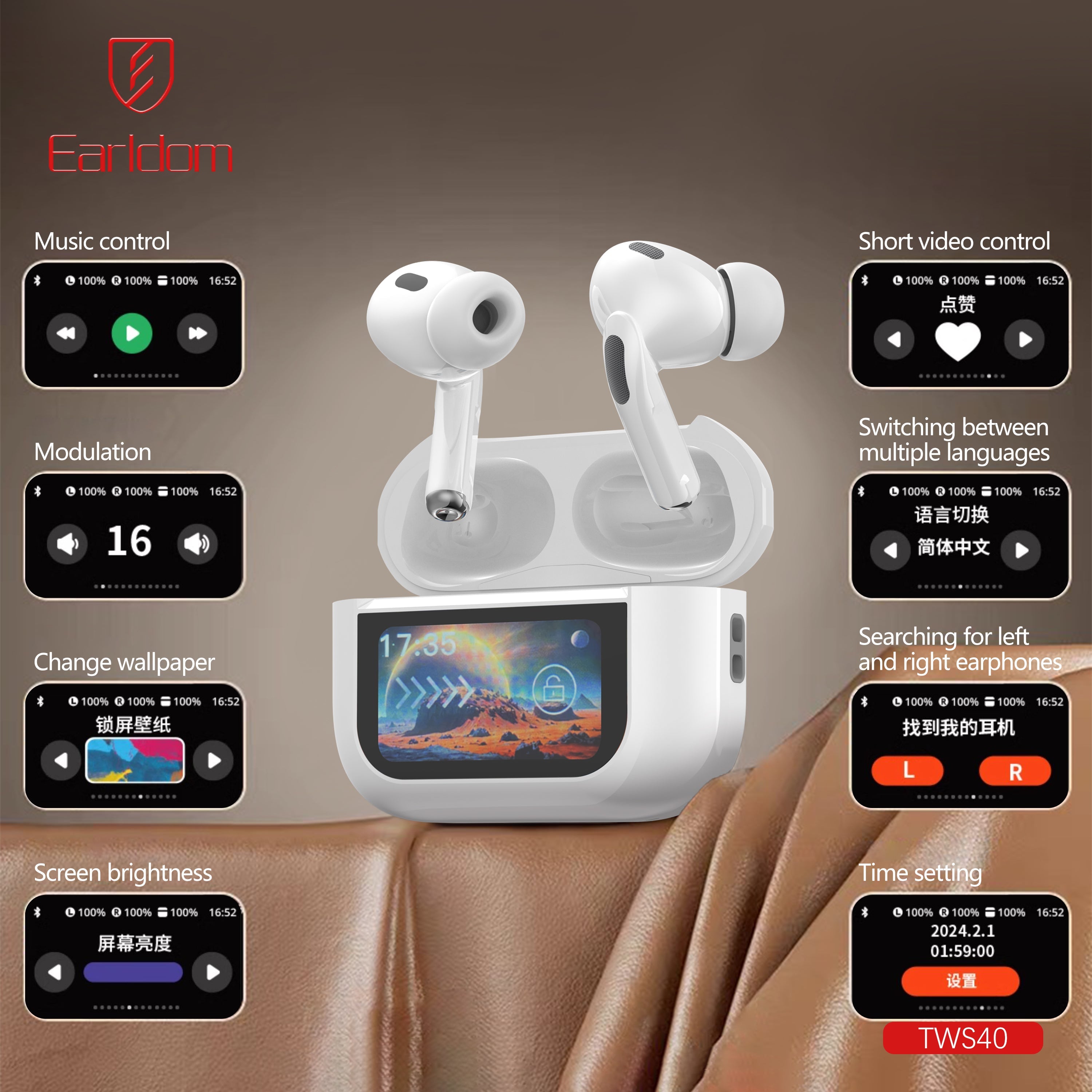 High Quality ANC noice canceling  earphone with screen rechargeable case