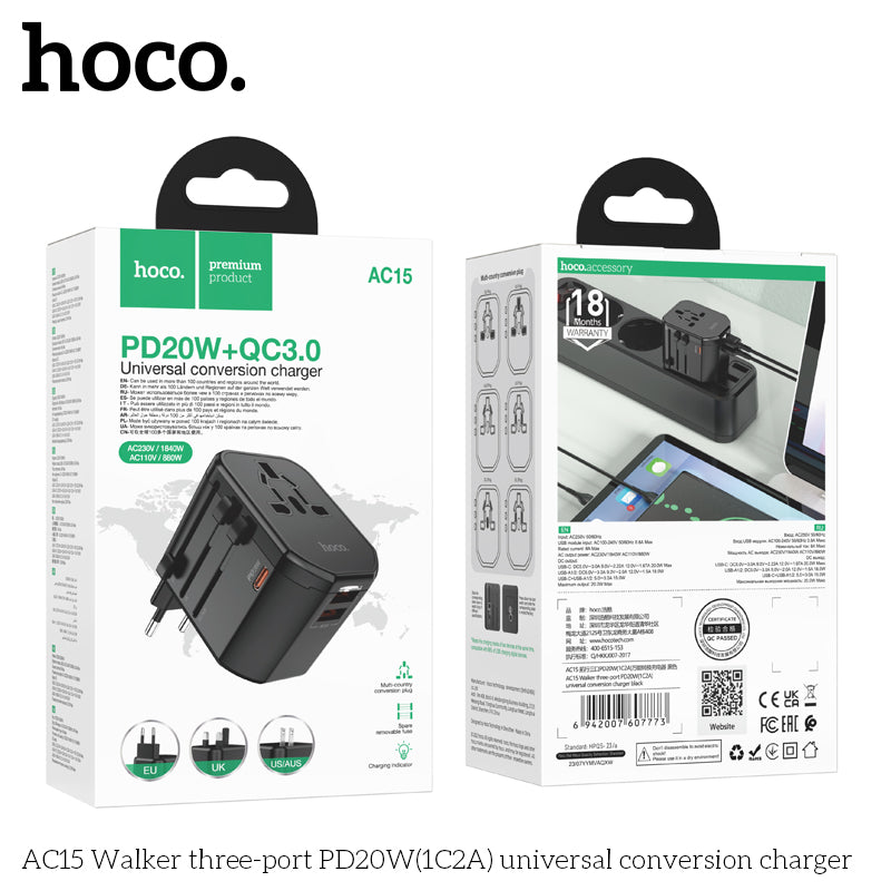 Hoco AC15 PD20W  Universal Charger USB +C PD Travel for 150 countries