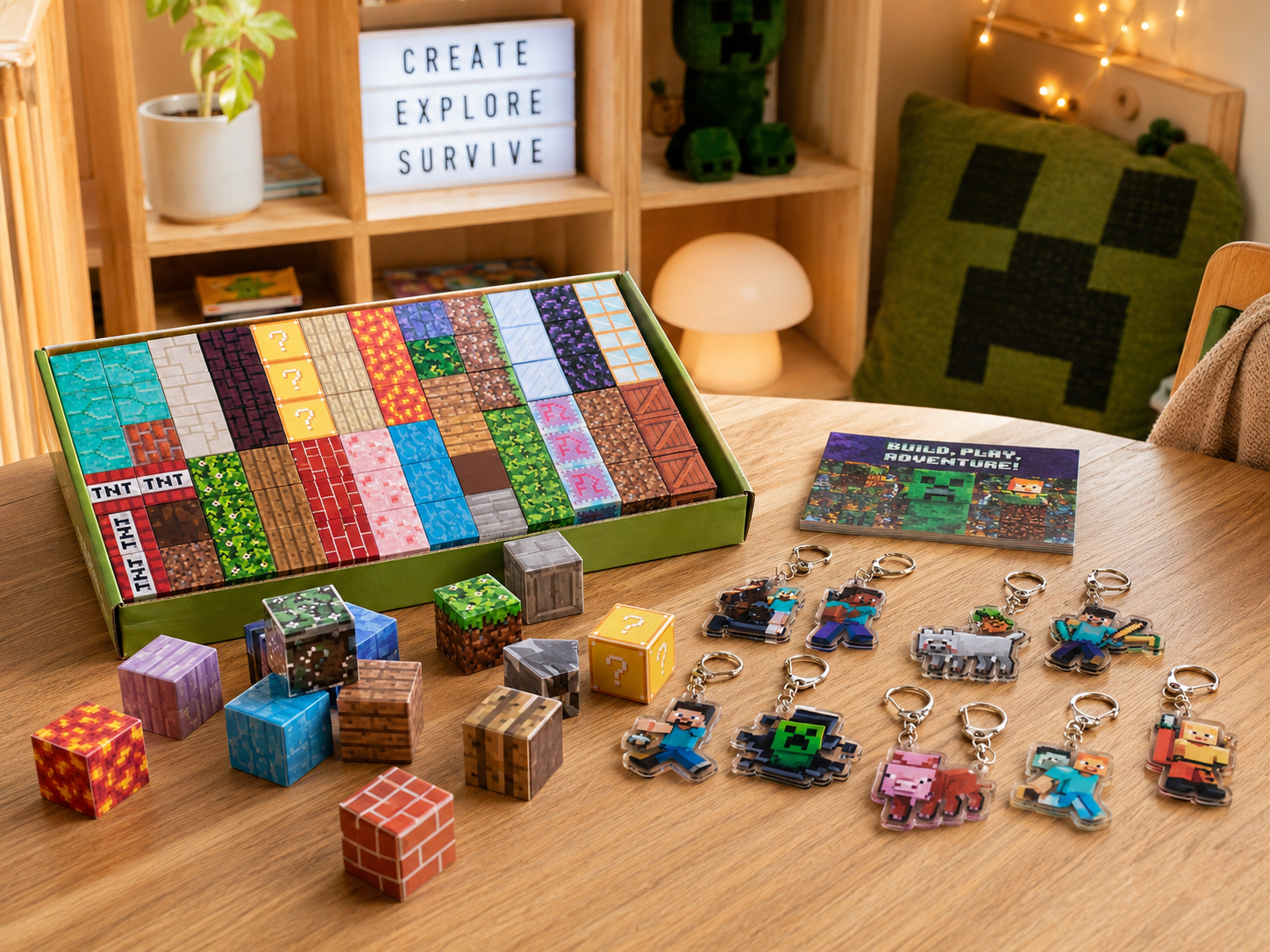Minecraft style random 100PCS Magnetic Blocks Magnetic Tiles Build Set with 8 keyrings