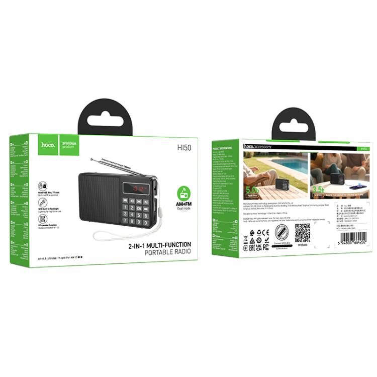 hoco HI50 Multi-function Portable AM and FM Bluetooth Radio Support USB Disk / Microsd Card(Black)