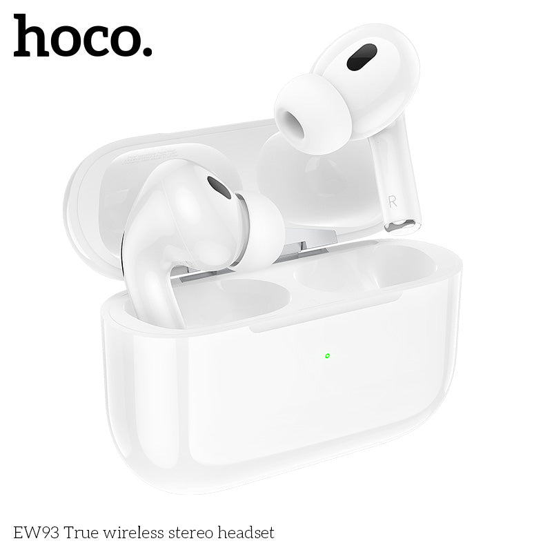 Hoco EW93 white wireless earbuds angled case view