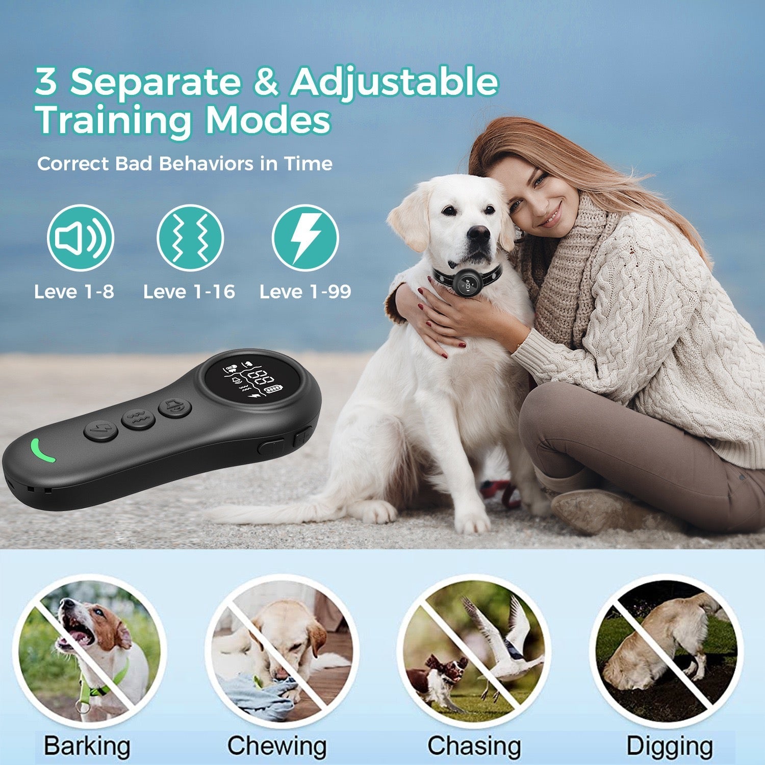 Smart Pet 3-in-1 Dog Training Device to Stop Barking, Rechargeable Long-Distance Remote Control Dog Training Device to S