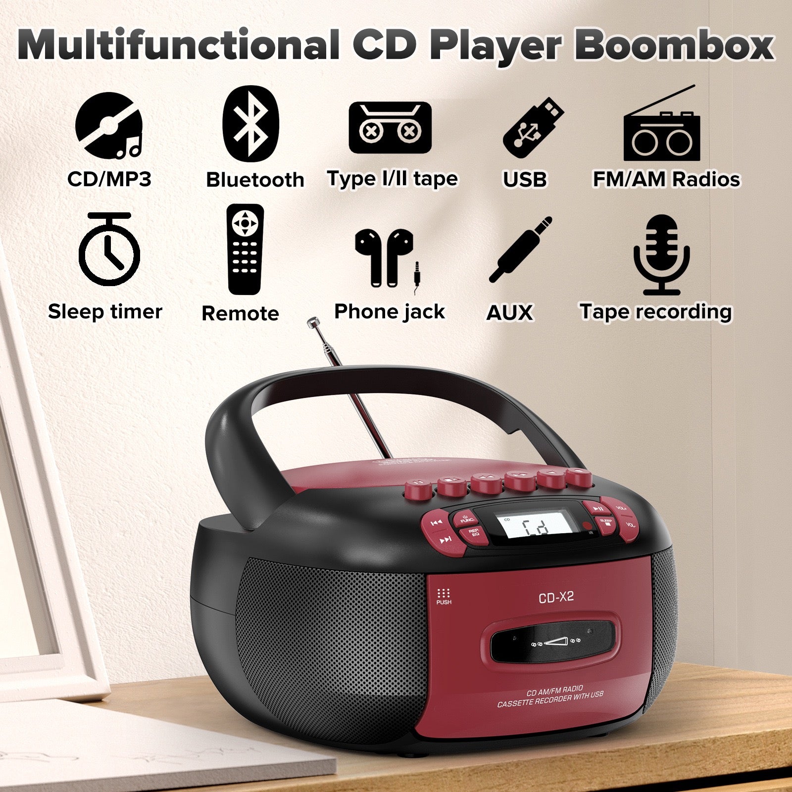 Cross-Border Cd Boombox Tape Cd All-In-One Machine Bluetooth Speaker Cd Player Tape Player Recorder Radio
