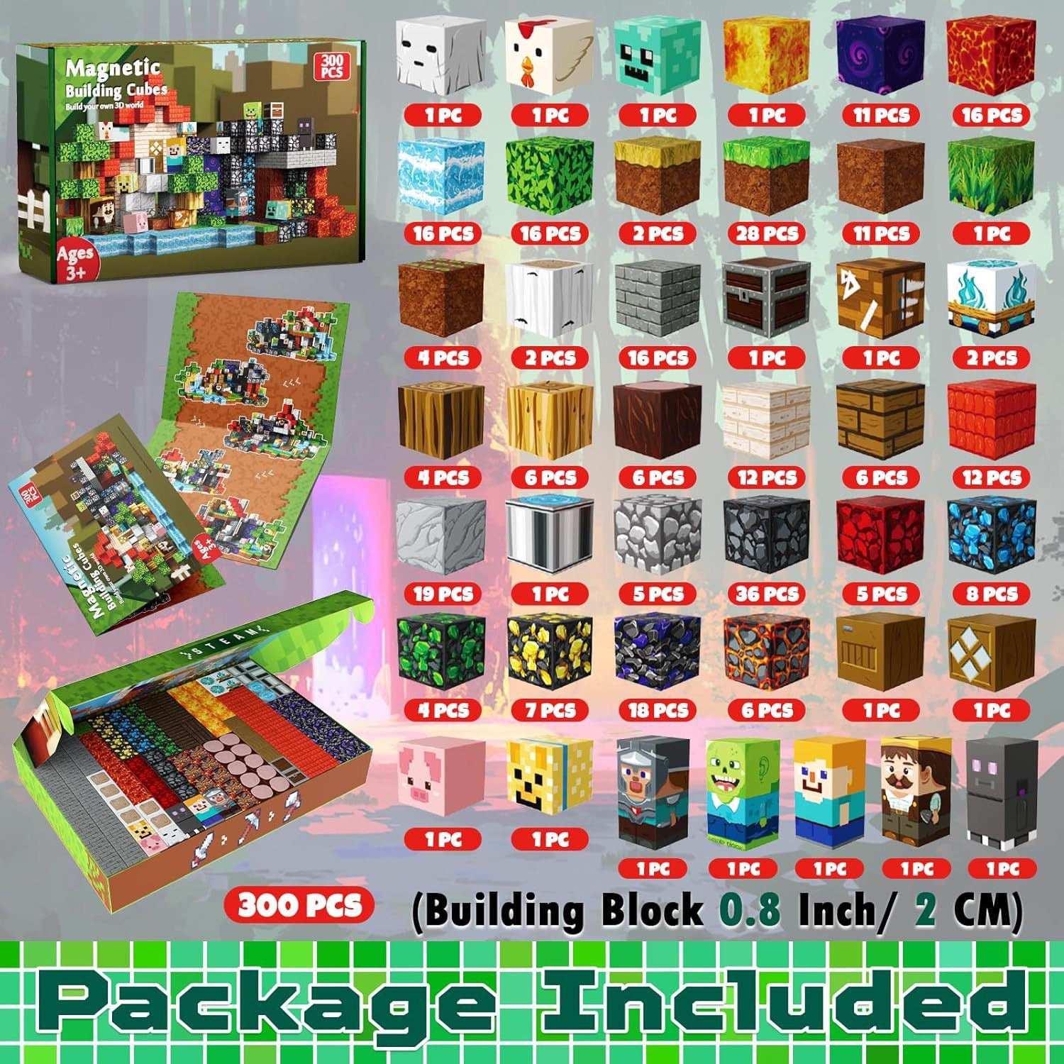 300 PCS Magnetic Building Blocks - Dark Forest Theme