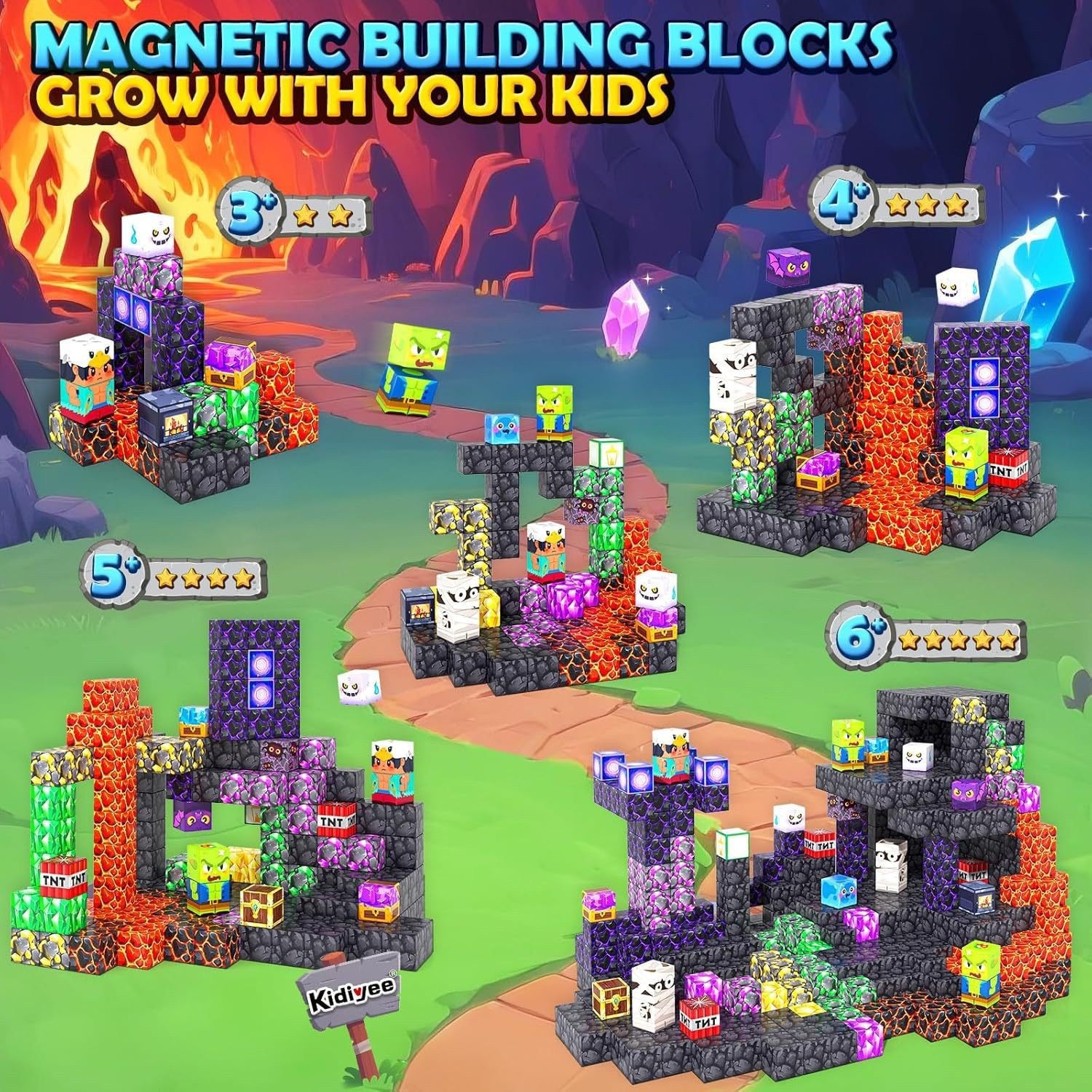 200 PCS Magnetic Building Blocks - Lava Cave Theme