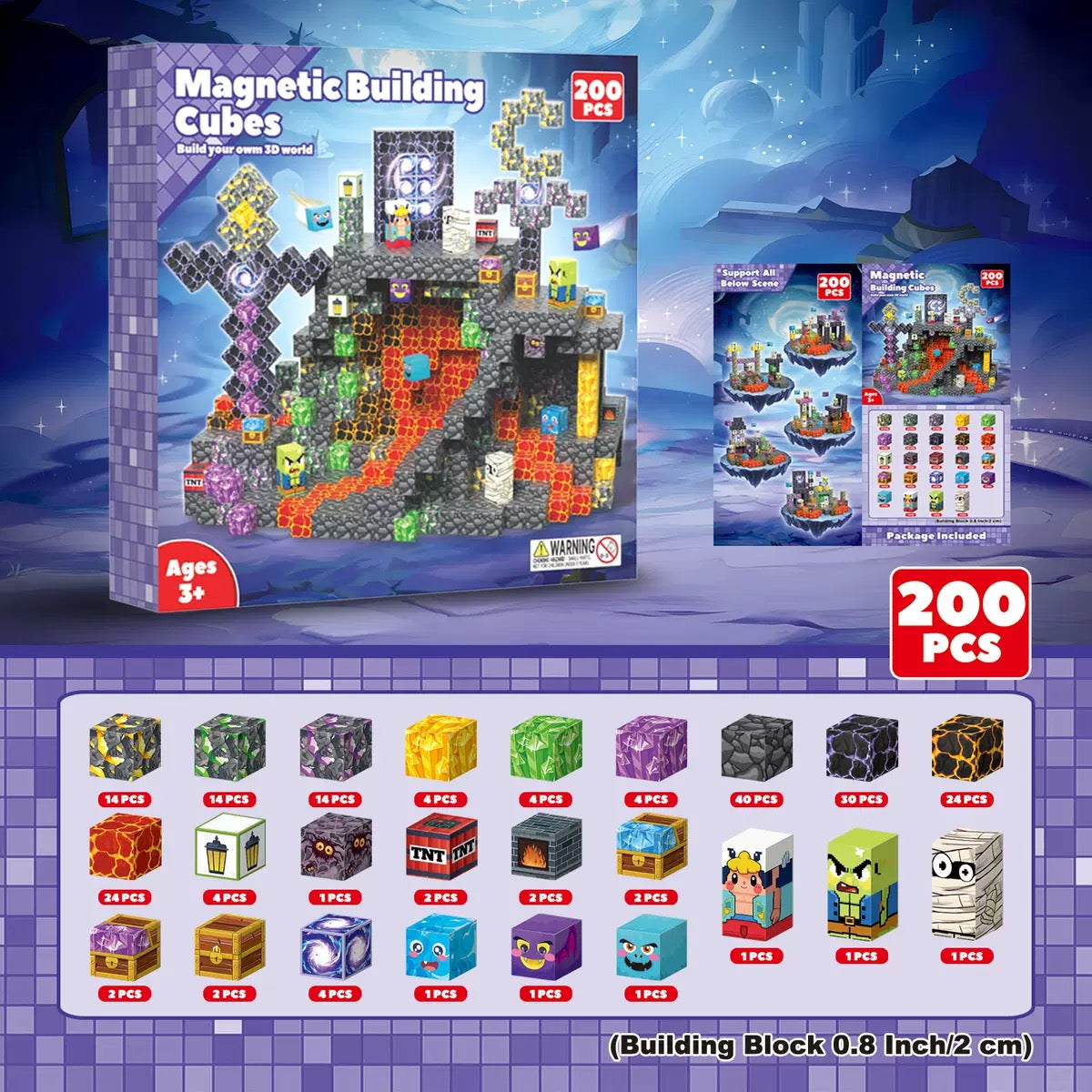 200 PCS Magnetic Building Blocks - Lava Cave Theme