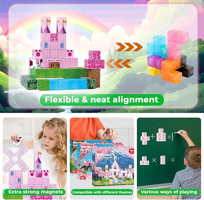 100 PCS Magnetic Building Blocks - Pink Castle Theme