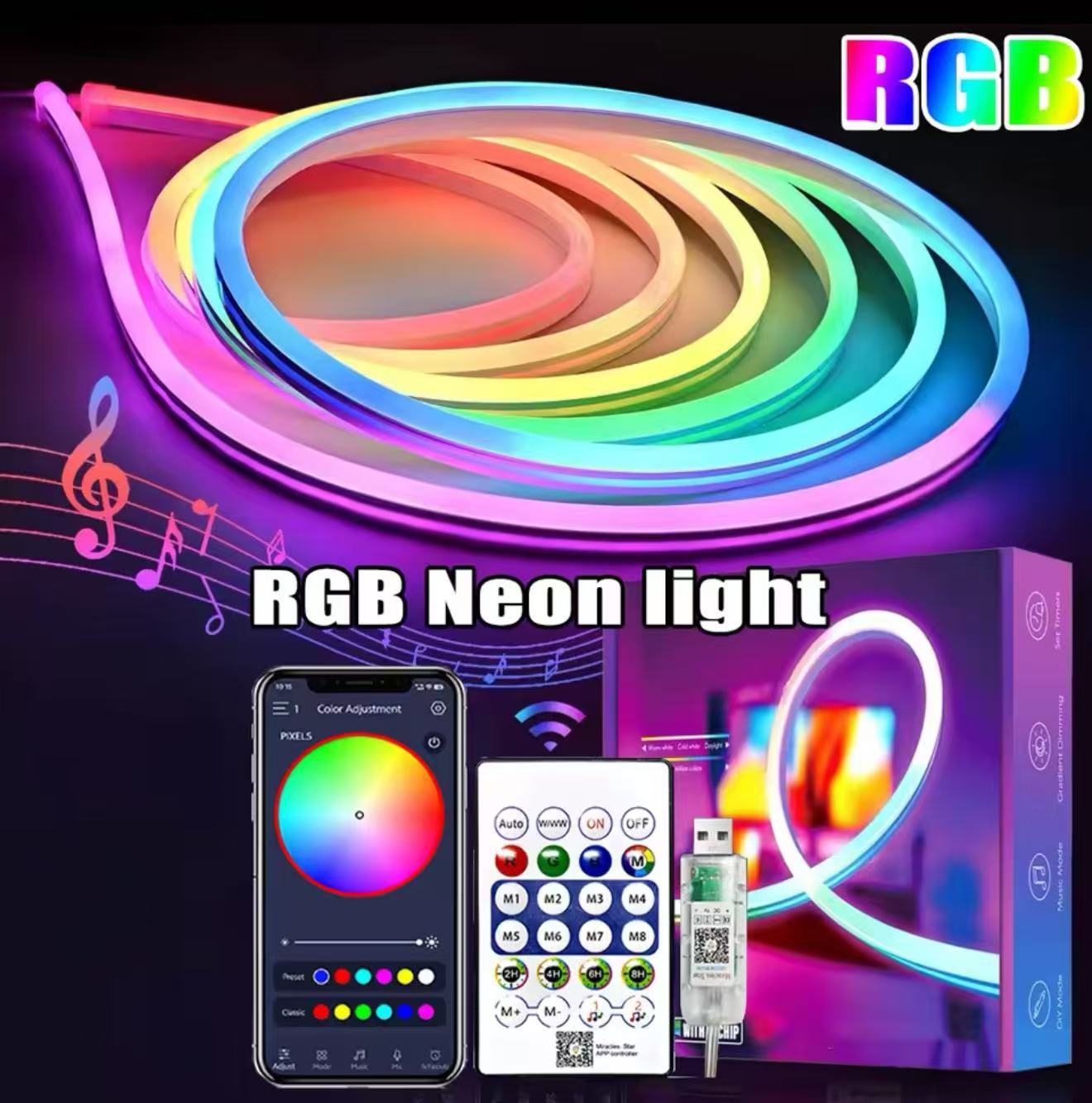 USB Neon Strip Light Waterproof RGBIC LED Tape Lamp 5M, Bluetooth Control