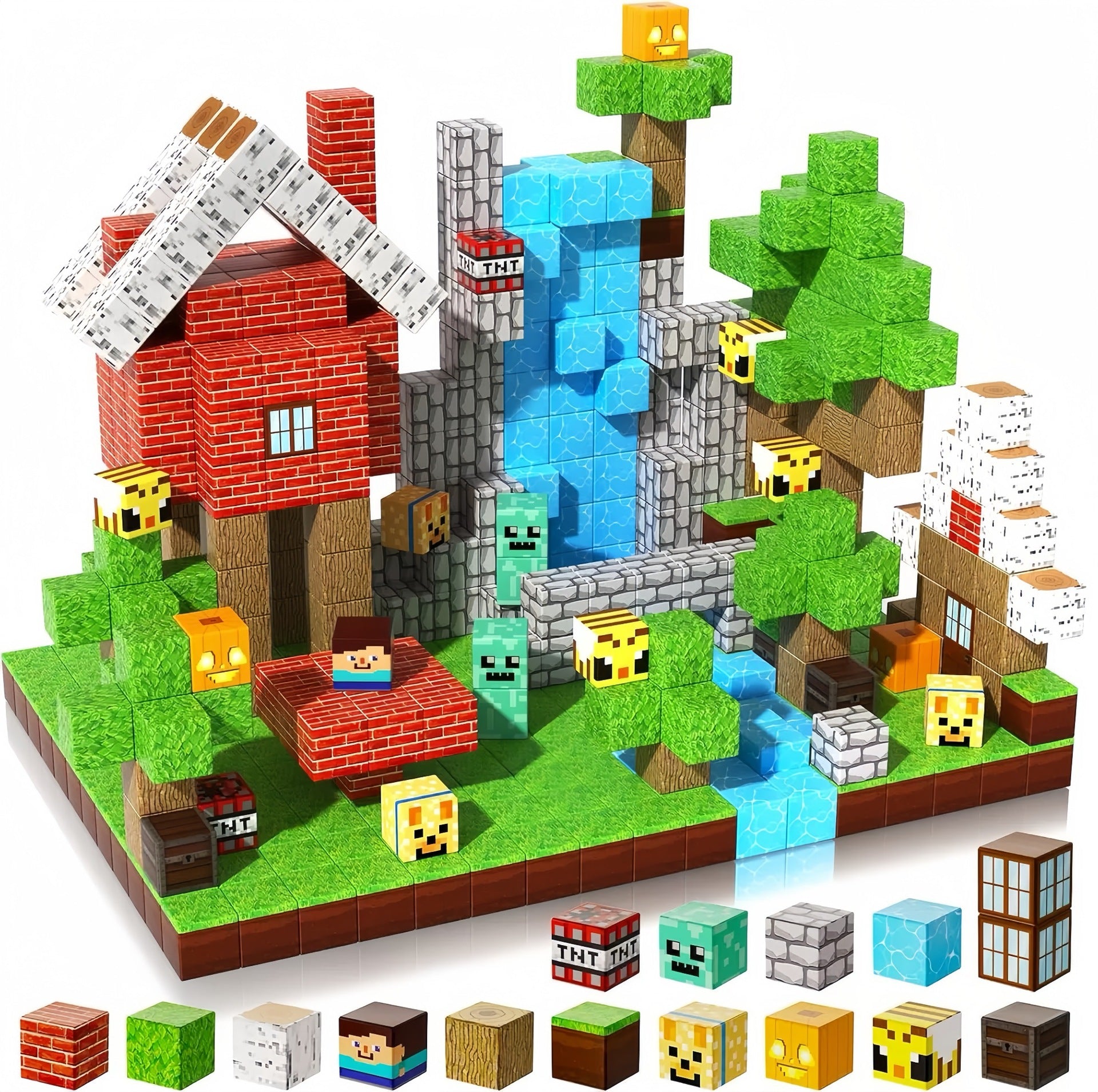 Minecraft style 104PCS Magnetic Blocks Forest Themed Magnetic Tiles Build Mine Forest Farm Set