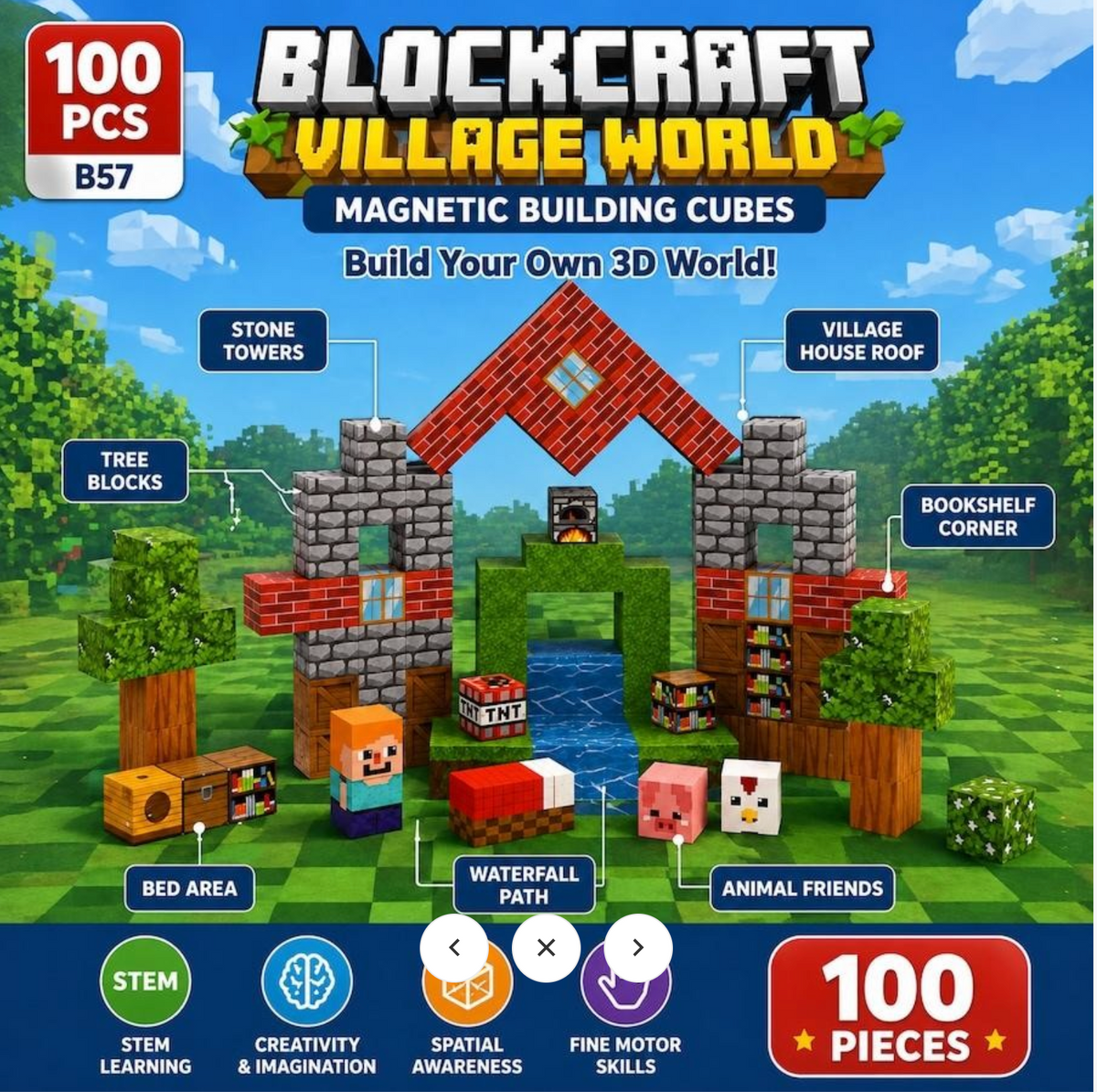 100PCS Block Craft Village Minecraft Style Magnetic Building Blocks STEM Toy Set for Kids