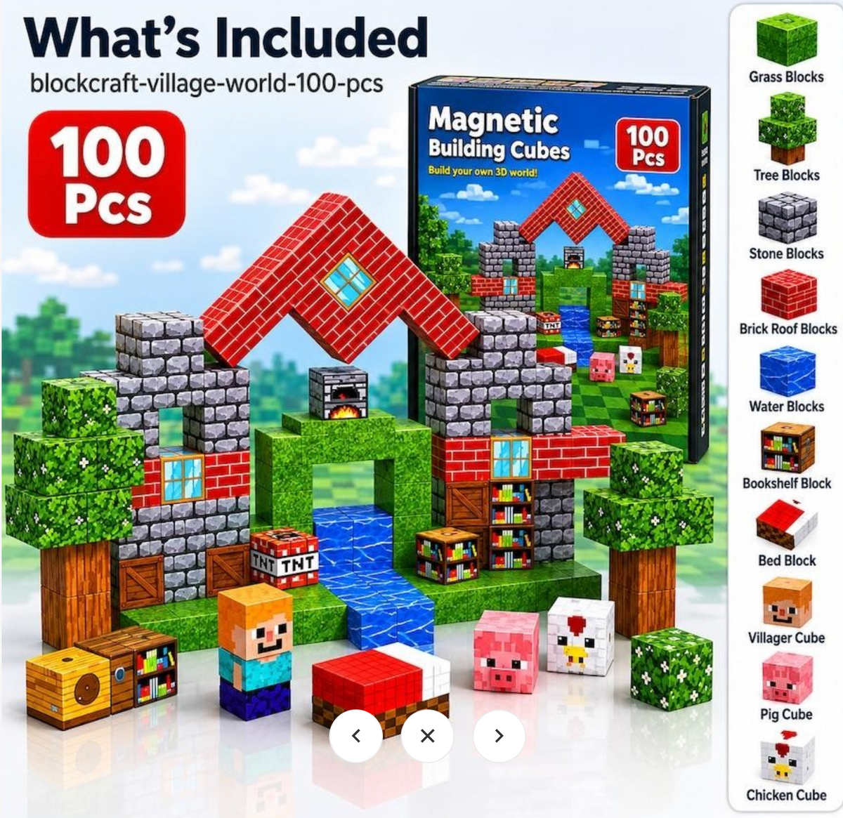 100PCS Block Craft Village Minecraft Style Magnetic Building Blocks STEM Toy Set for Kids