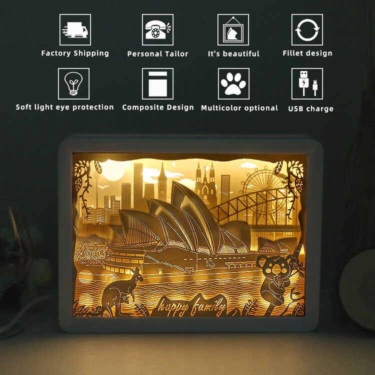 LED Night Lights Australia Design 3D Shadow Paper Sculpture Light Box Unique Paper Cut Light USB Charging Bedside