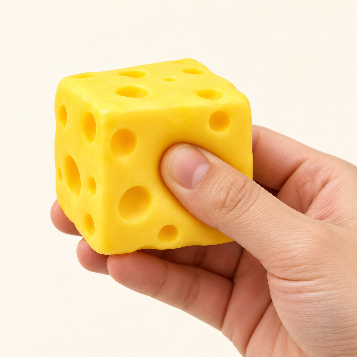 Hand gently squeezing the yellow cheese cube toy