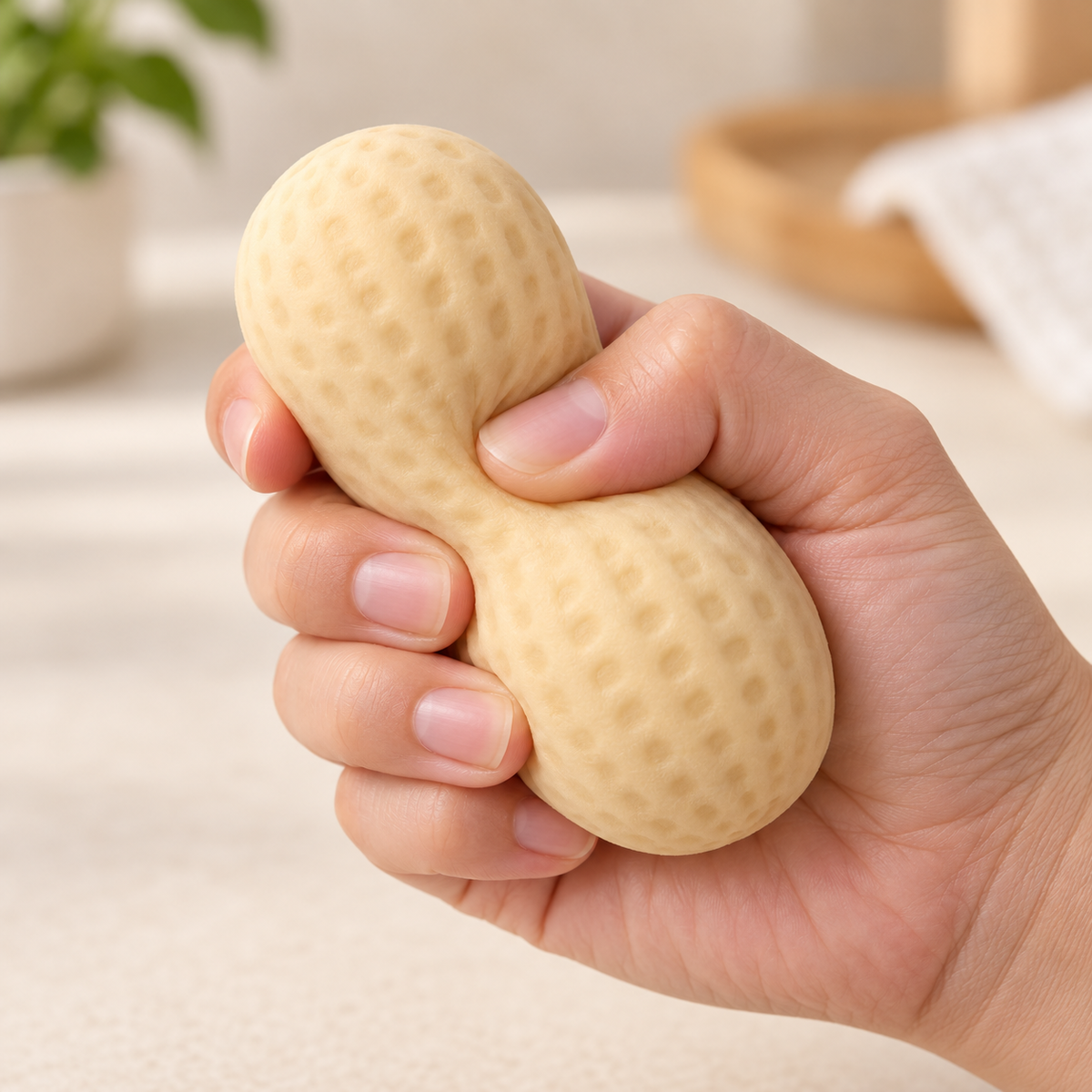 Hand gently squeezing the crunchy peanut sensory toy