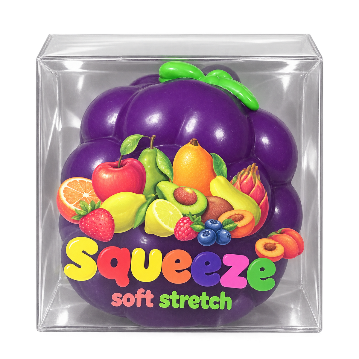 Illustration of one grape squishy in its clear retail box