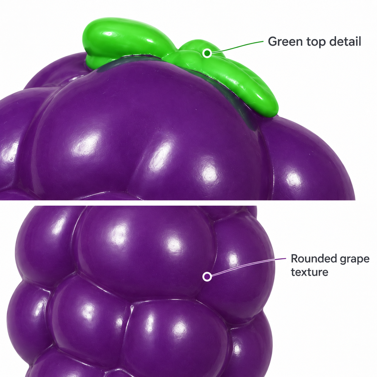 Illustrated grape toy detail: green top and rounded grape texture