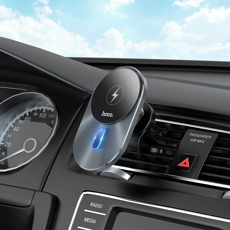 Hoco CA91 Magic grey magnetic wireless car charger mount installed in car vent