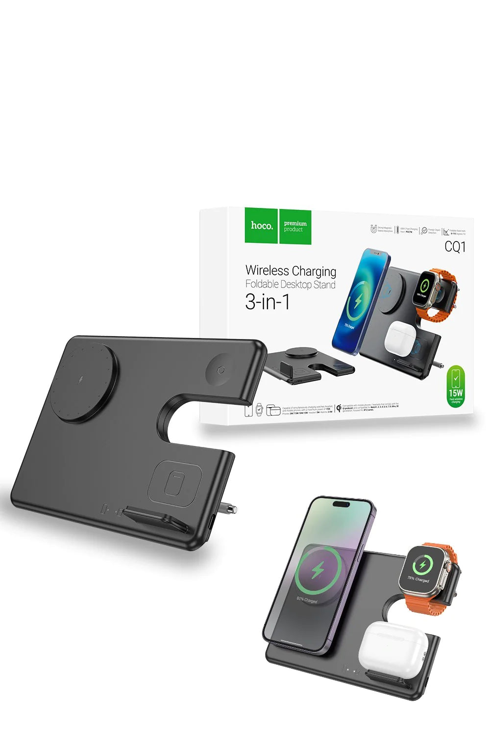 Hoco 3 in 1 15W Magsafe Magnetic Dock Wireless Charger Folding Stand CQ1