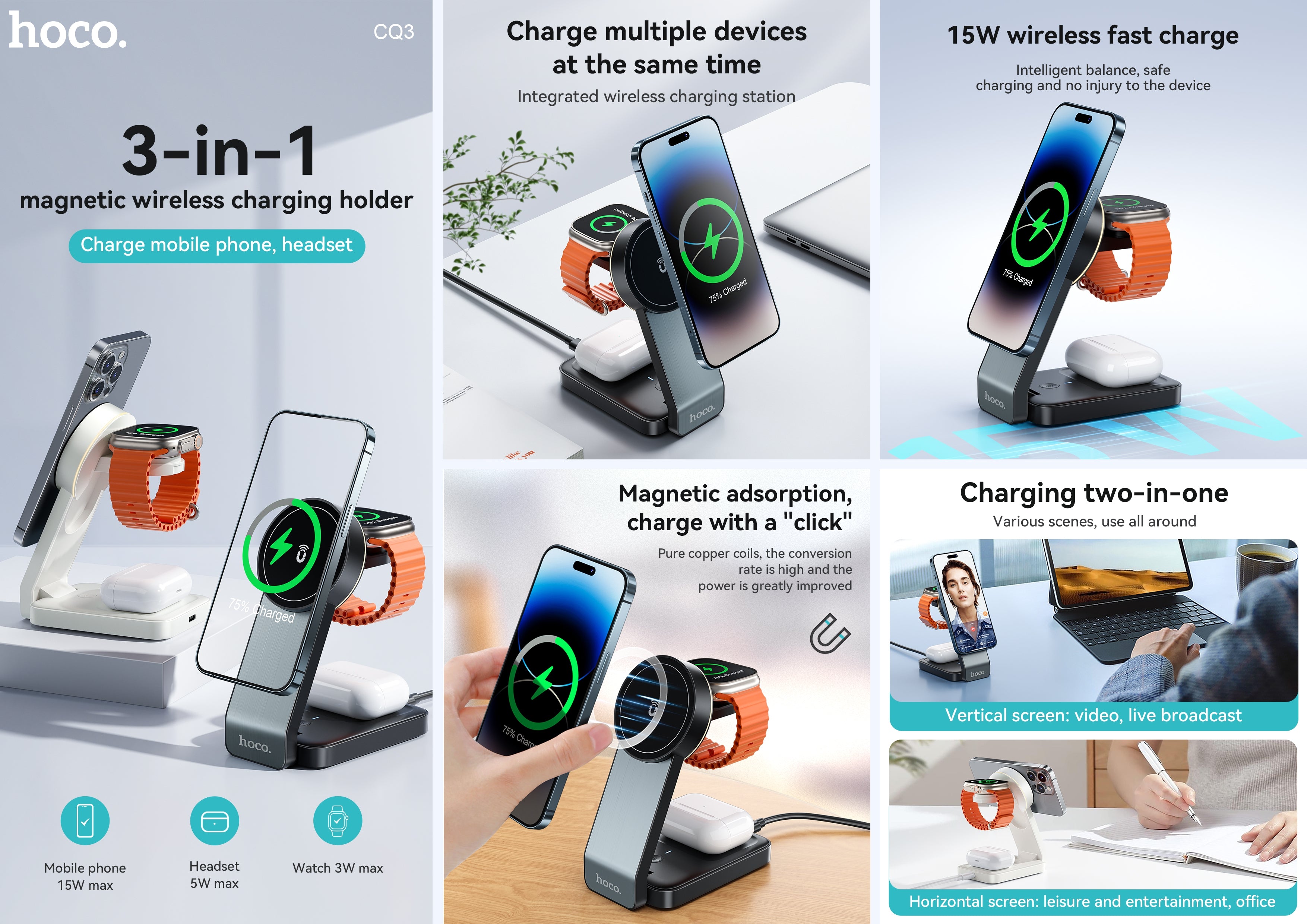 Hoco CQ3 15W Foldable 3-in-1 Magnetic Wireless Charger - White
