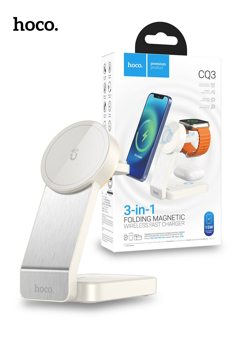 Hoco CQ3 15W Foldable 3-in-1 Magnetic Wireless Charger - White