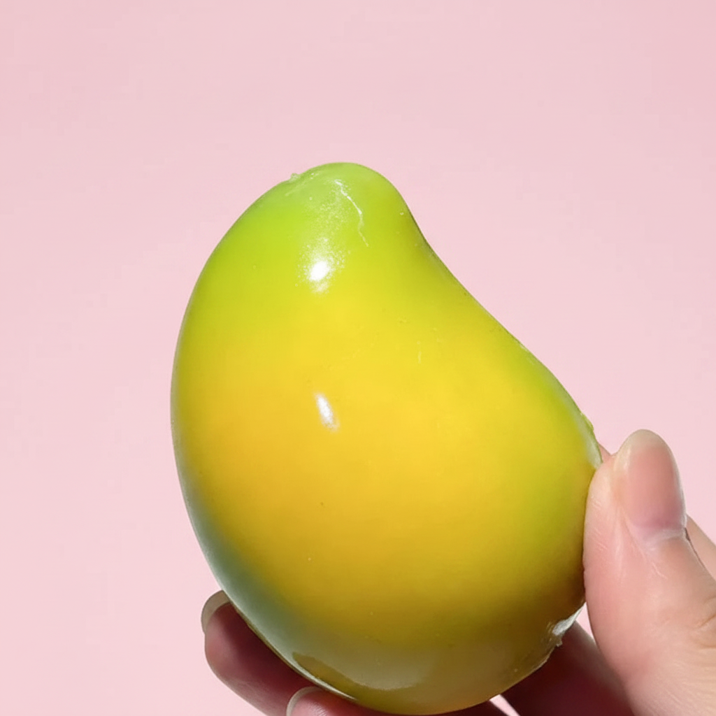 Mango squishy showing its green-to-yellow colour change