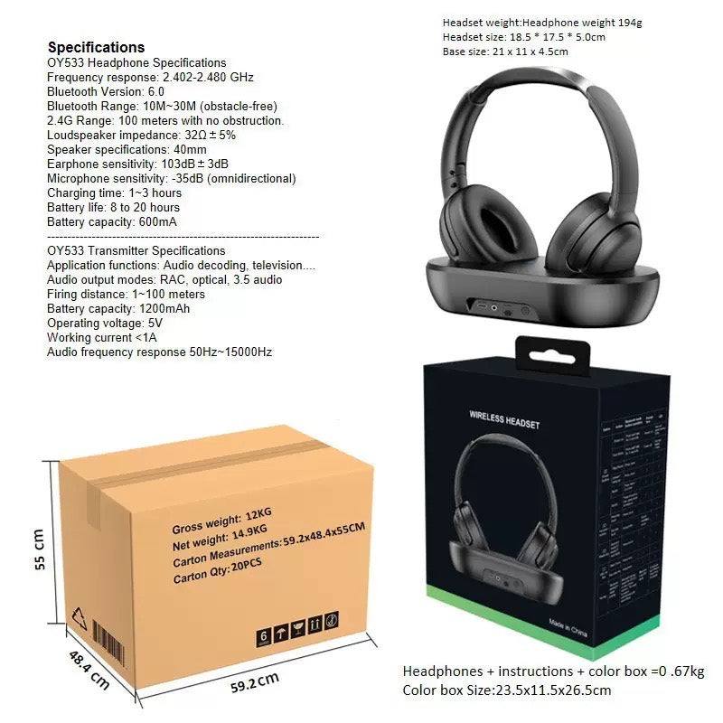 OY533TV Wireless TV Headphones with Charging Transmitter Base image 3