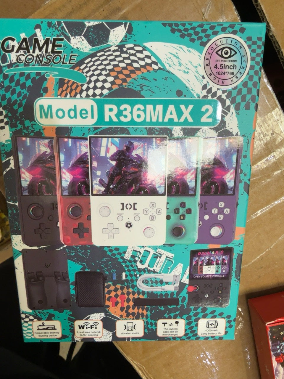 Actual R36MAX 2 retail box showing 4.5-inch 1024x768 screen and 4000mAh battery
