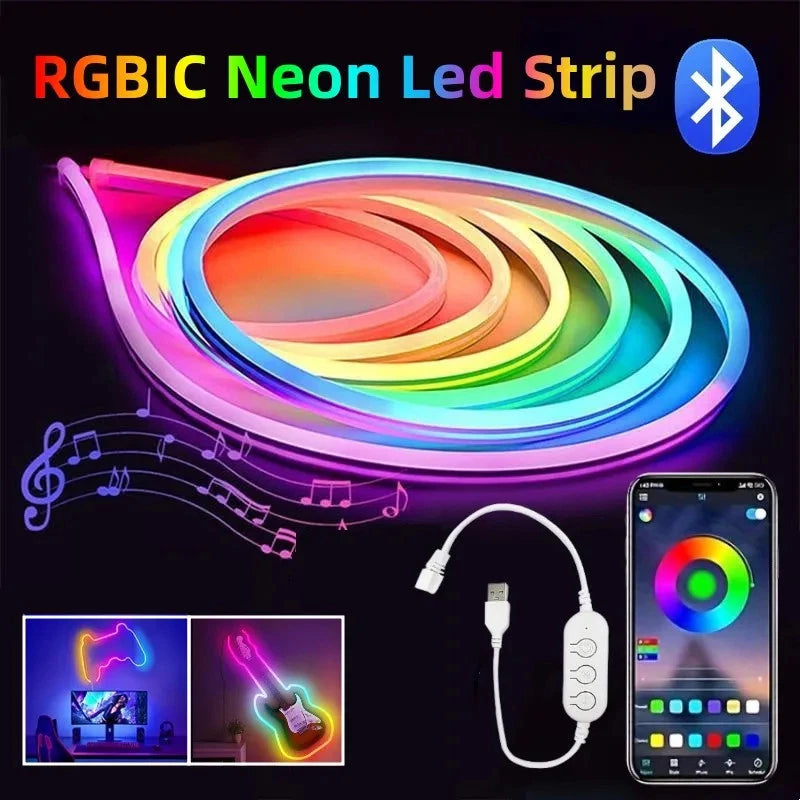 USB Neon Strip Light Waterproof RGBIC LED Tape Lamp 5M, Bluetooth Control