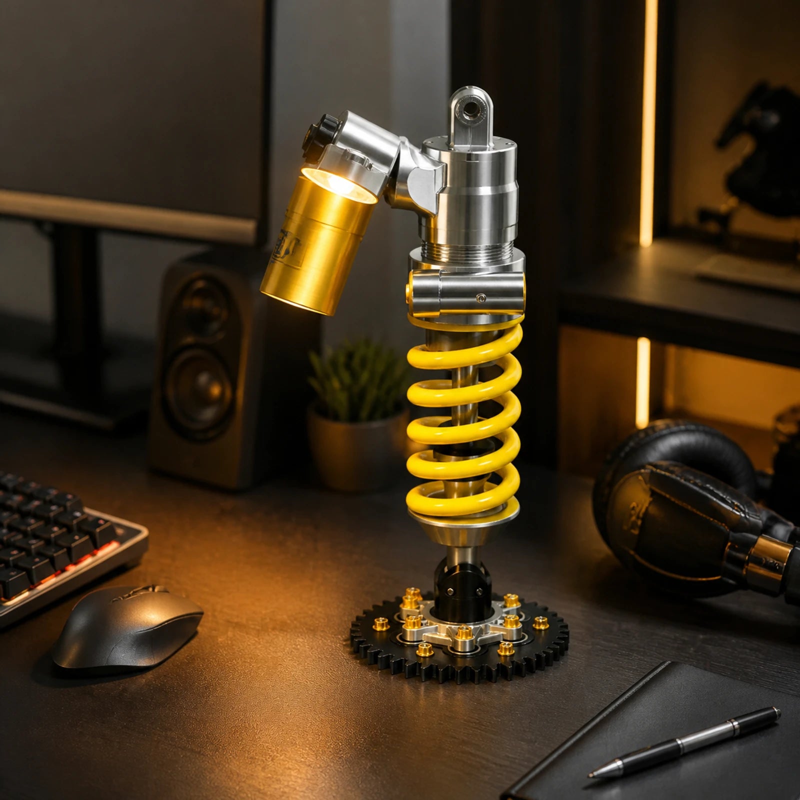 Suspension shock absorber desk lamp on gaming desk