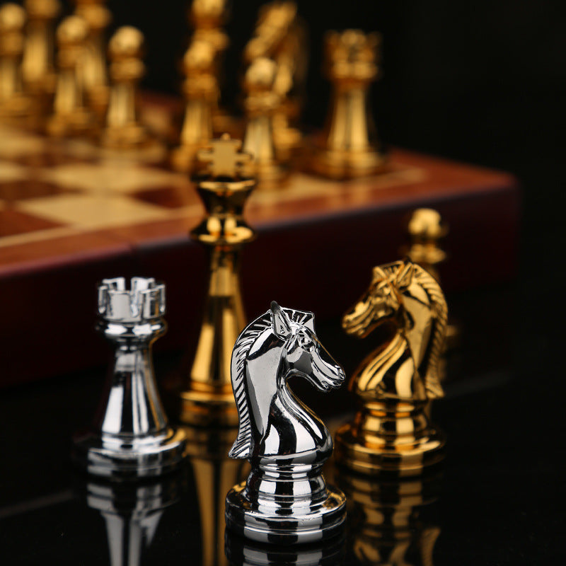 Metal Chess Set High-grade Gift Travel International Chess Game Folding Wooden Mold Chessboard Kirsite Chess Pieces Chessman -Gold Silver
