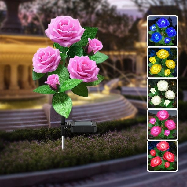 Solar Powered Rose Light Flower Lights Lamp Pink Rose