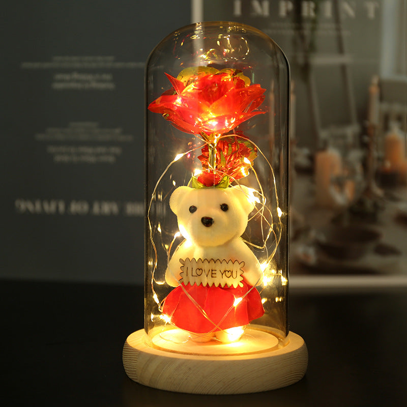 Present LED 24k Goldleaf Rose Bear Flower Glass Lamp Light