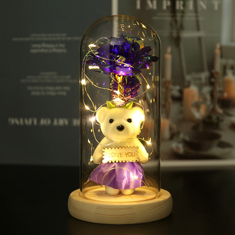 Present LED 24k Goldleaf Rose Bear Flower Glass Lamp Light