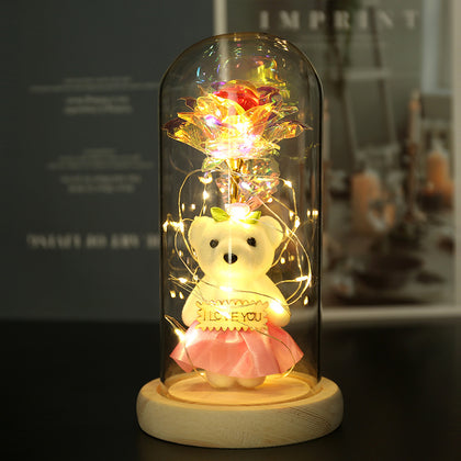 Present LED 24k Goldleaf Rose Bear Flower Glass Lamp Light