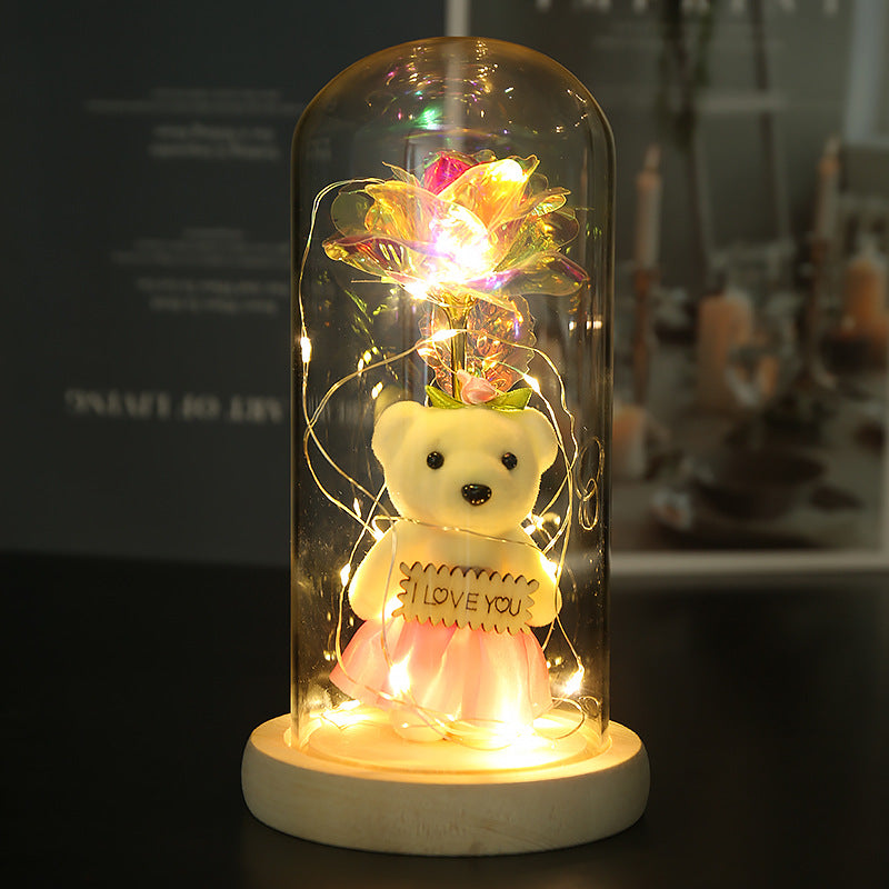 Present LED 24k Goldleaf Rose Bear Flower Glass Lamp Light