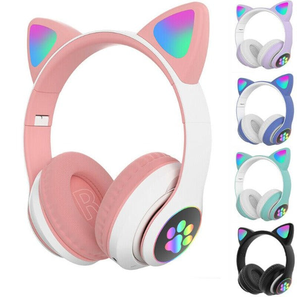 Cute Cat Ear Bluetooth Wireless Headphones Glowing LED RGB Flash Light