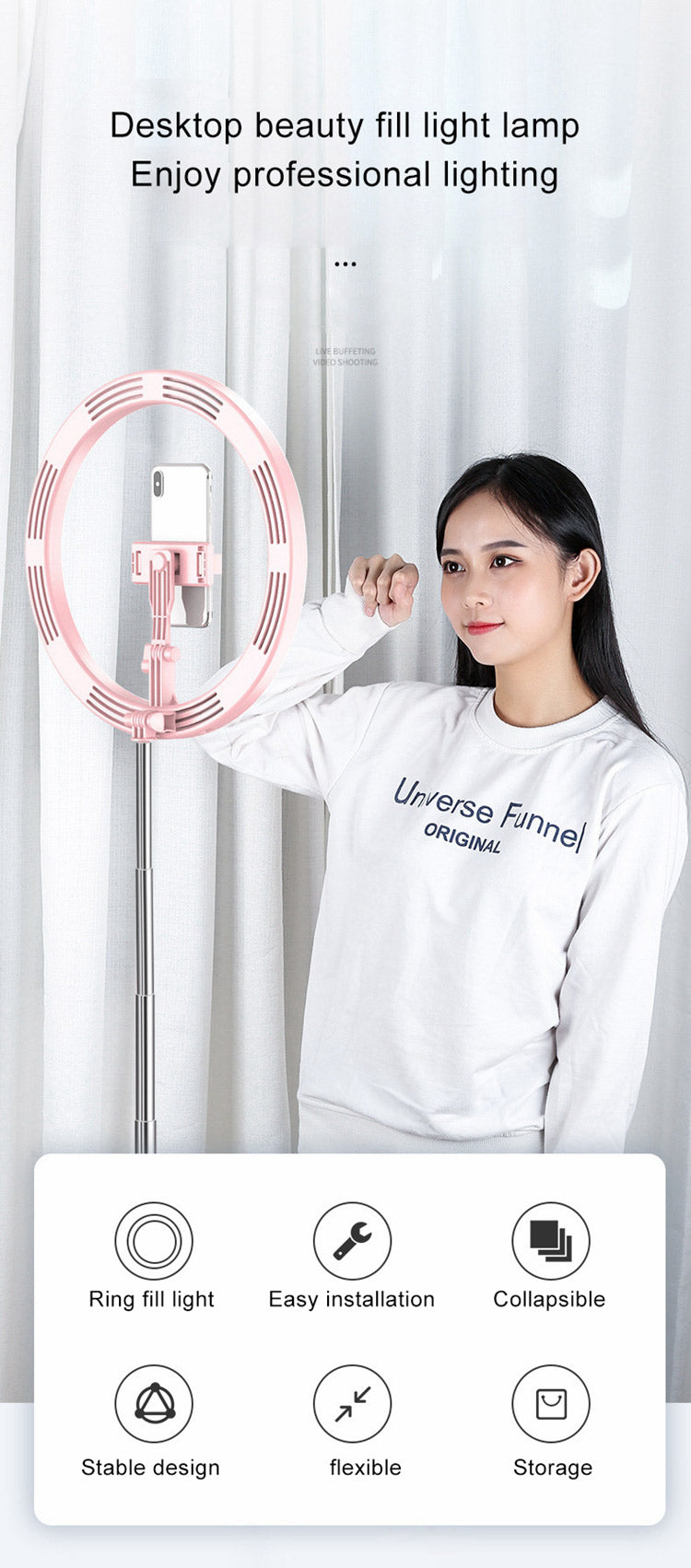 Ring Fill Light with Stand Phone Holder For Vlog Makeup Photographer StudioPremium Quality -white