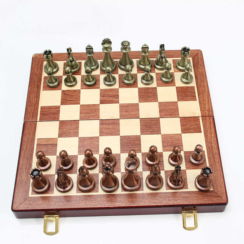 Metal Chess Set High-grade Gift Travel International Chess Game Folding Wooden Mold Chessboard Kirsite Chess Pieces Chessman -Gold Silver
