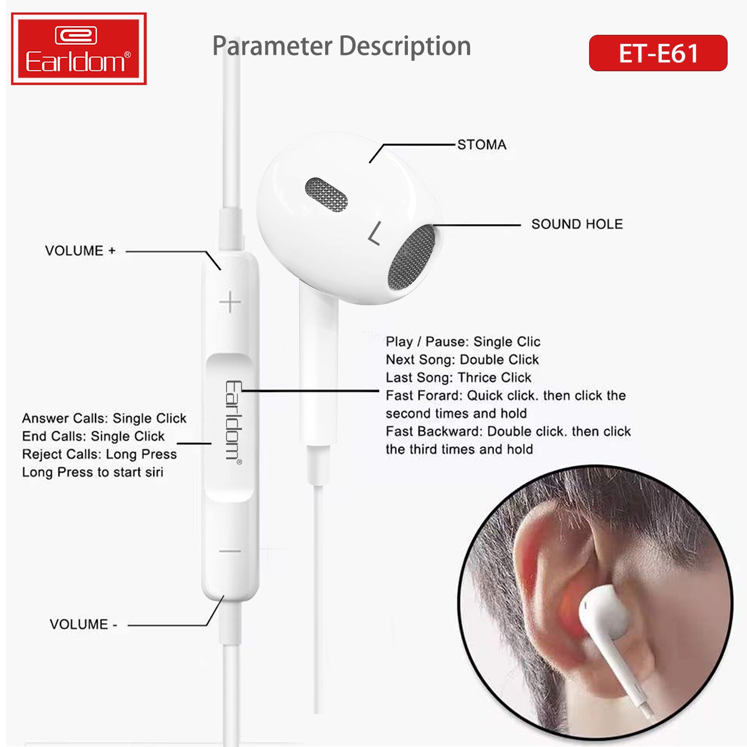 Earldom E61 USB Type C Handsfree Earphone For Samsung Huawei Google Pixal
