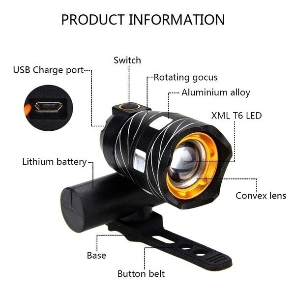 T6 LED Bicycle Light Bike Front Lamp Outdoor MTB Zoomable Torch Headlight USB Rechargeable Waterproof Bike Headlamp Taillight Set